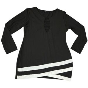 Unbranded Womens' XXL Black Long Sleeve Tunic Top Asymmetrical White Striped Hem